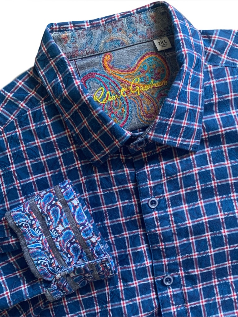 Robert Graham Blue Red White Paisley Plaid Check Button Up Long Sleeve Shirt XXL